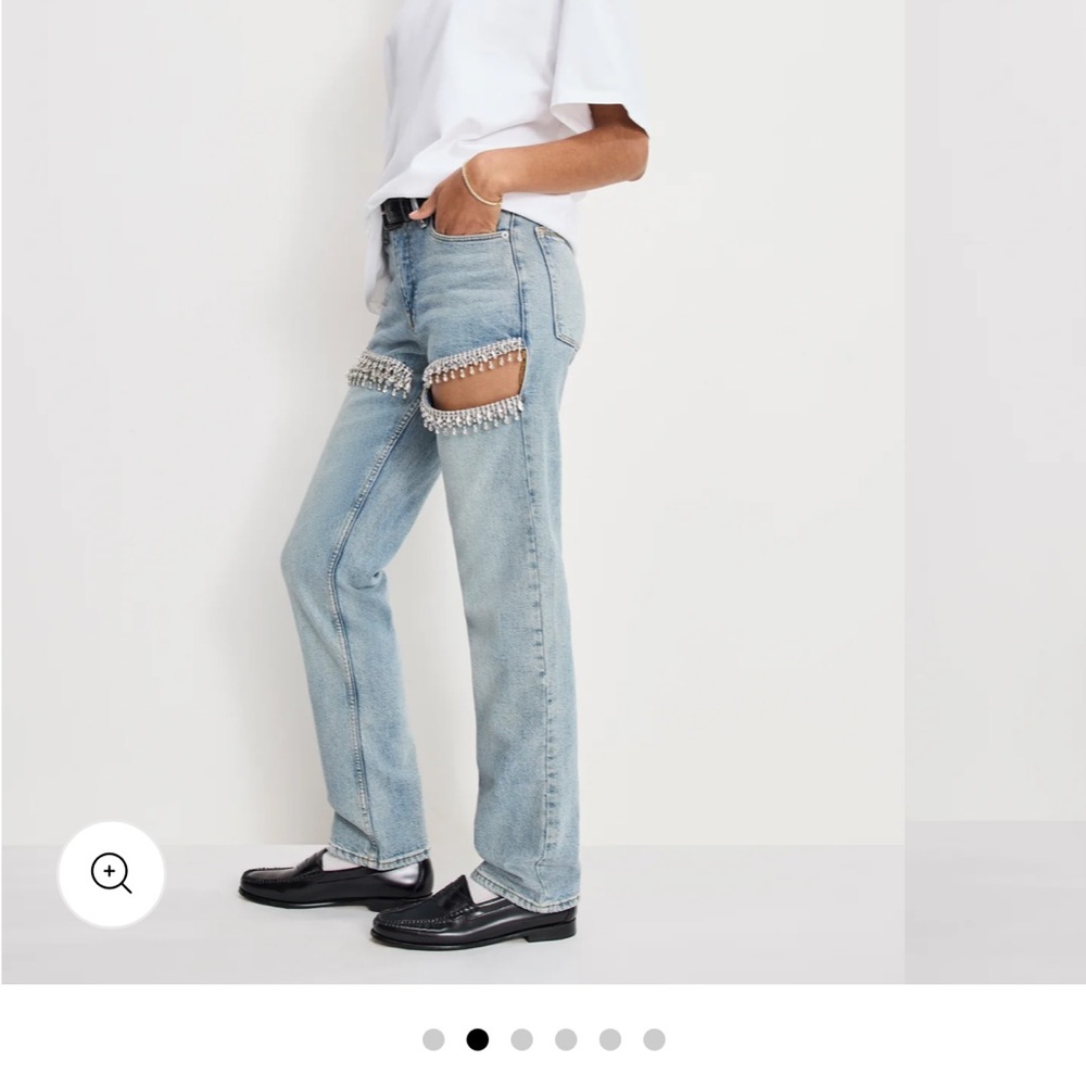 Good American Light Blue Straight Leg Jeans with Crystal Fringe Cutouts - Picture 5 of 7